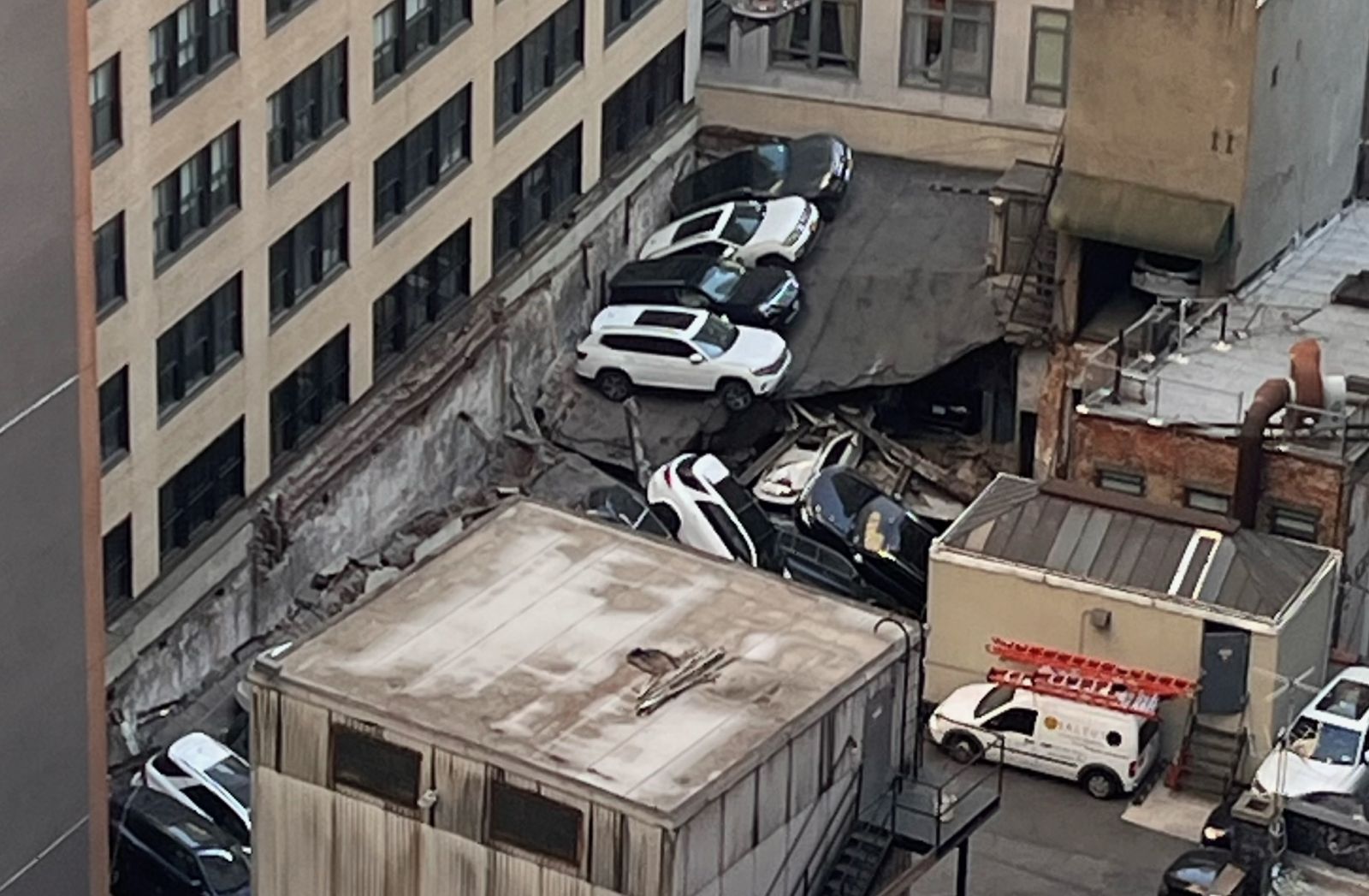 Seen from above, the collapsed roof of the parking garage. Photo: Suzanne Cohen